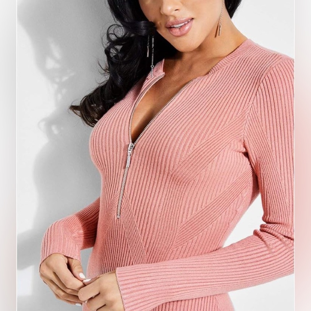 GUESS Allison Zip Front Sweater Dress Pink - XS